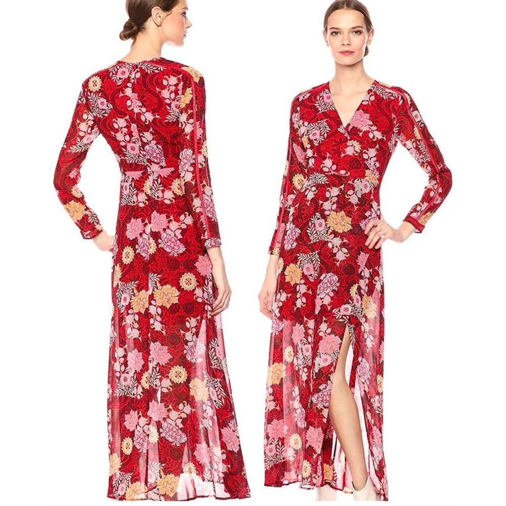 Guess Elysian Wrap Floral Maxi Dress 6 Red Boho‎ Chiffon Layered Slit Lace Inset